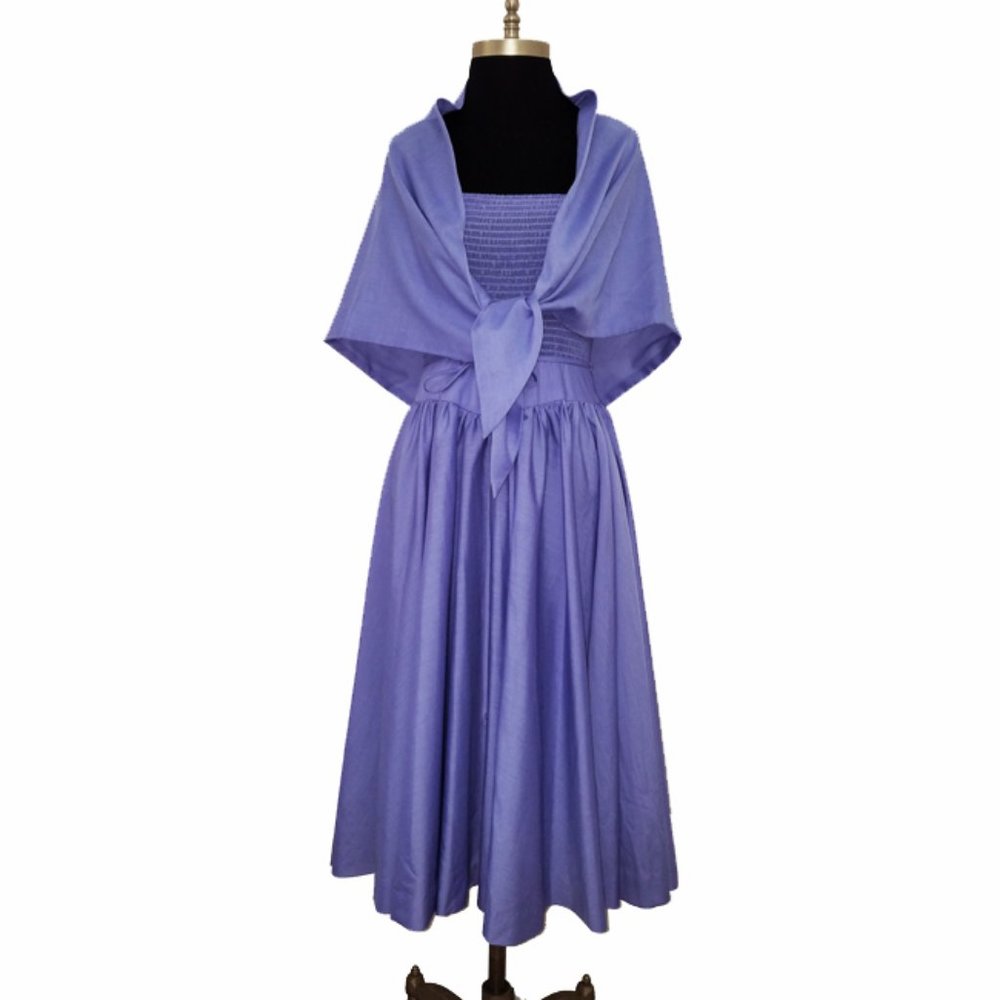 Vtg 70s 2PC Periwinkle Smocked Sundress & Shawl 8